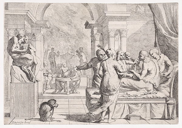 The Prodigal Son Seated on a Couch Being Served Wine, Revelers in the Background, a Monkey Wearing a Collar and Chain in the lower left by Pietro Testa