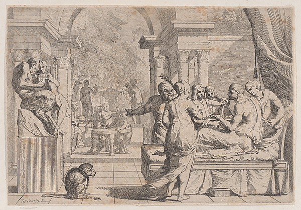The prodigal son seated on a couch being served wine, revelers in the background, a monkey wearing a collar and chain in the lower left, from a series of four prints by Pietro Testa