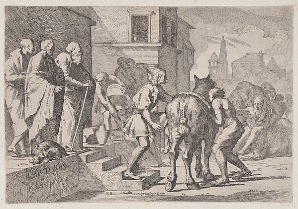 The departure of the prodigal son, shown at about to mount his horse, from a series of four prints by Pietro Testa