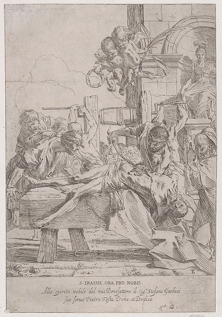 The martyrdom of Saint Erasmus who is prostrate having in innards removed, two putti above holding the crown and palm of martyrdom