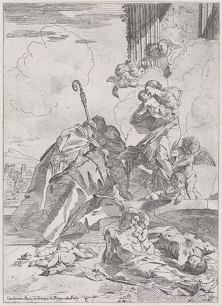 Three Luchese saints Sts Nicholas Tolentino, Nicholas of Bari interceding with the Virgin for the victims of the plague
