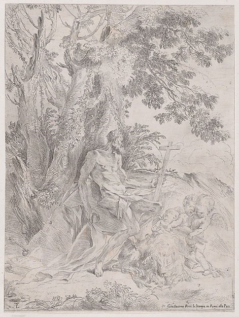 Saint Jerome before a crucifix accompanied by a lion and three putti by Pietro Testa