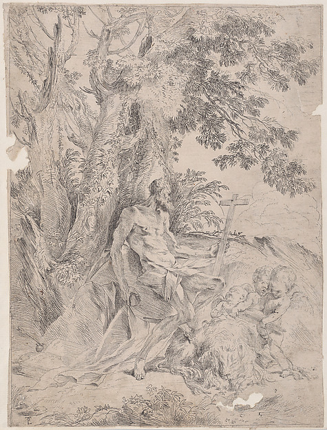 Saint Jerome before a crucifix accompanied by a lion and three putti by Pietro Testa