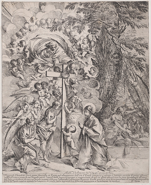 The dream of St Joseph, who is sleeping at the right, the Virgin and Child by a cross surrounded by angels and many putti and with God the Father above by Pietro Testa