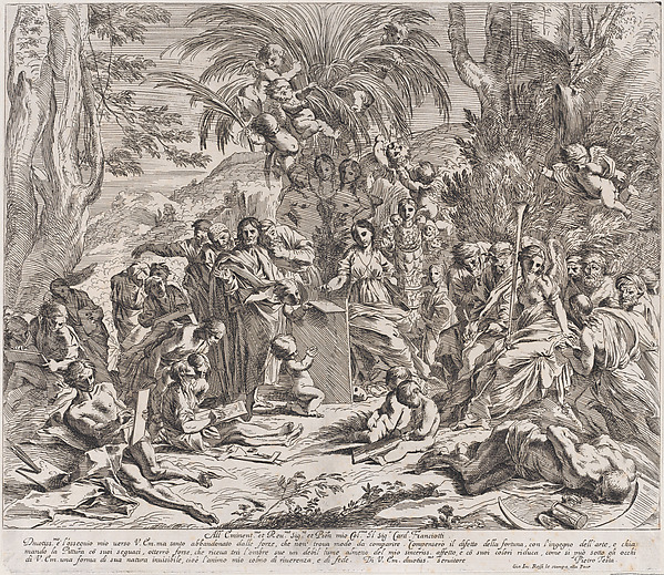 An allegory of painting, who as a child in the centre left draws on a tablet, surrounded by figures, many of whom are drawing