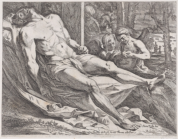 The dead Christ accompanied by angels at right by Giovanni Cesare Testa