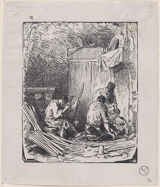 Three men at work by fire