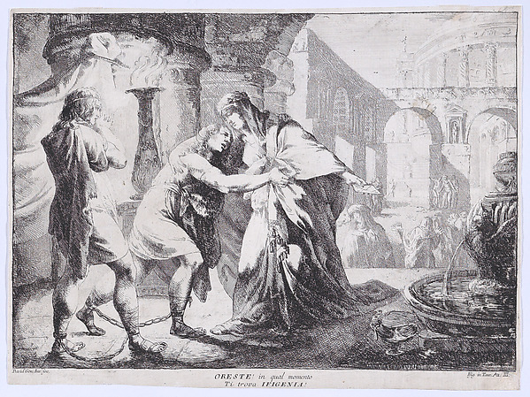 Iphigenia accompanied by Pylades recognises Orestes, whom she is about to sacrifice