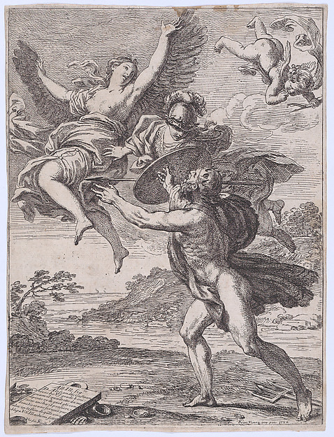 Neptune pursuing Coronis; Minerva interposes herself and turns Coronis into a crow