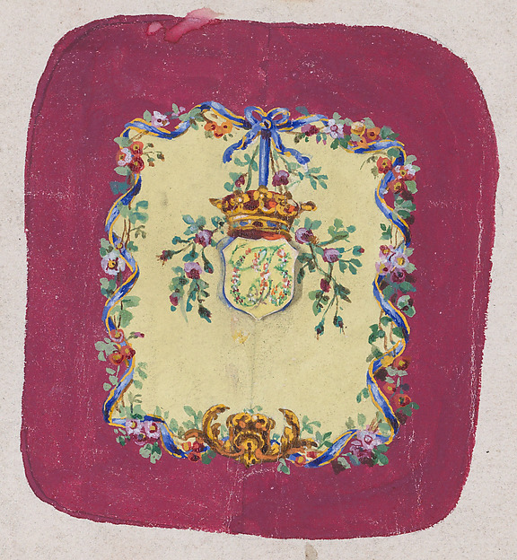 Design for a Chair Back Cover with an Ornamental Frame Formed by a Garland of Leaves and Flowers with an Interlacing Ribbon that Forms a Bow from which a Crown Motif with Monogram Hangs