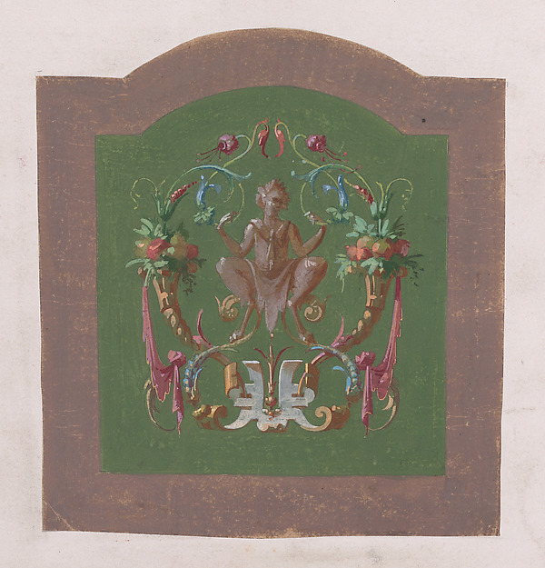 Design for a Chair Back Cover with a Squatting Half-Human Grotesque Figure Inside an Ornamental Frame Made of Two Cornucopias Holding Bundles of Leaves and Fruits and Scrolls of Leaves and Flowers by Anonymous, French, 19th century, The Metropolitan Museum of Art