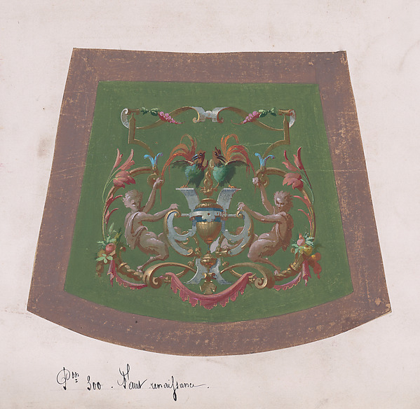 Design for a Chair Seat Cover with a Classical-Inspired Vase with Two Handles, Two Exotic Birds and Two Half-Human Grotesque Figures Inside an Ornamental Frame with Two Cornucopias Holding Bundles of Leaves and Fruits and Decorated Scrolls of Leaves and Flowers by Anonymous, French, 19th century, The Metropolitan Museum of Art