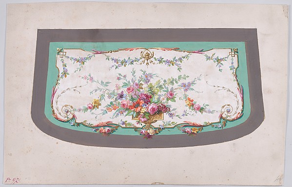 Design for a Sofa Seat Cover (?) with an Ornamental Frame Containing a Vase with a Large Bundle of Flowers and Leaves and Decorated with Acanthus Leaves and Two Fleurs de Lys