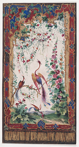 Design for Wallpaper or Panel (?) with an Orientalist Motif with Three Phoenix-Like Exotic Birds with Colorful Feathers and a Flowering Tree within an Ornamental Frame with Tassels Resembling a Tapestry
