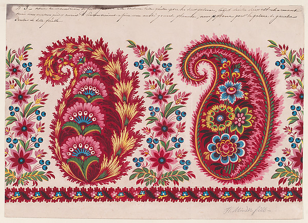 Textile Design with Paisley Motifs and Garlands of Berry Sprays and Stylized Flowers