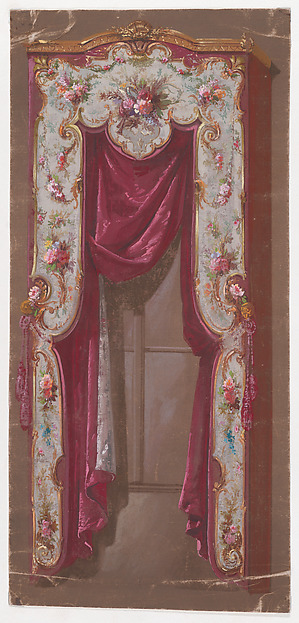 Design for a Valance in with Thin Bushes and Garlands of Flowers and a Shell Motif with a Hanging Curtain