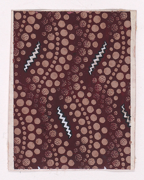 Textile Design with Overlapping Verical Strips of Undulating Rows of Dots and Zig-Zagging Ribbons