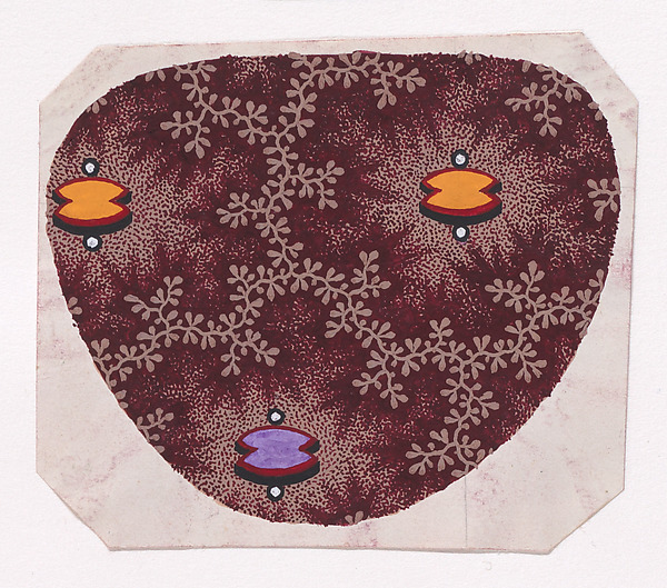Textile Design with Alternating Rows of Curved Hourglass Shapes Flanked by Two Pearls Framed with Garlands of Stylized Leaves with Offsetting Thorns