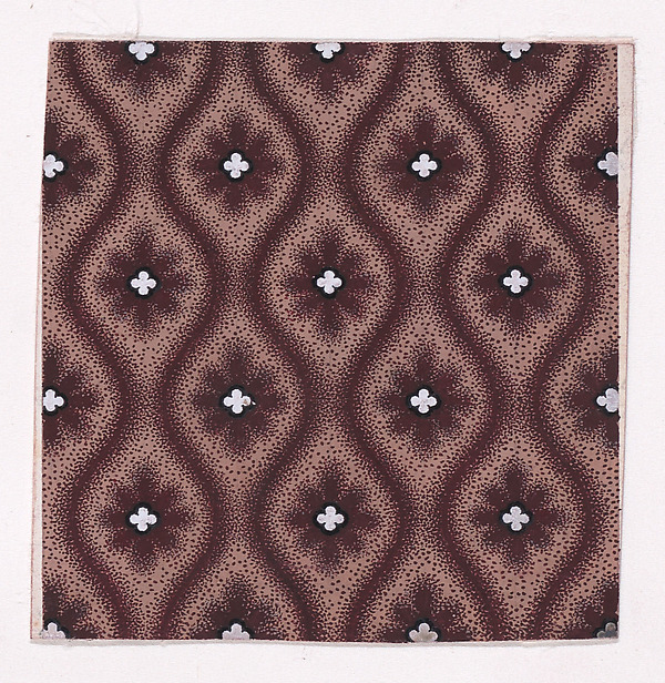 Textile Design with Alternating Vertical Rows of Rosettes with Quatrefoil Shapes in the Center Framed by Undulating Vertical Garlands