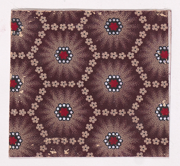 Textile Design with a Honeycomb Pattern Formed with Small Rosettes and with Alternating Rows of Rosettes Framed by Pearls