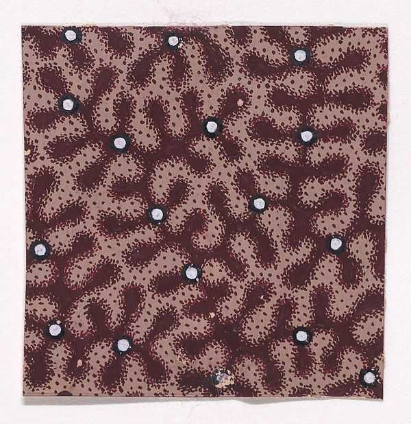 Textile Design with a Pattern of Garlands of Stylized Leaves Splattered with Pearls Over a Stippled Background