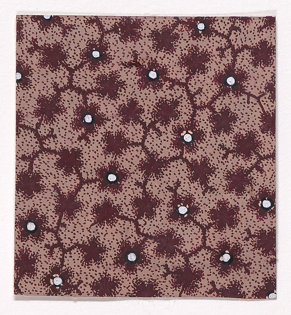 Textile Design with a Network of Branches with Stylized Leaves and Flowers and Pearls Over a Stippled Background