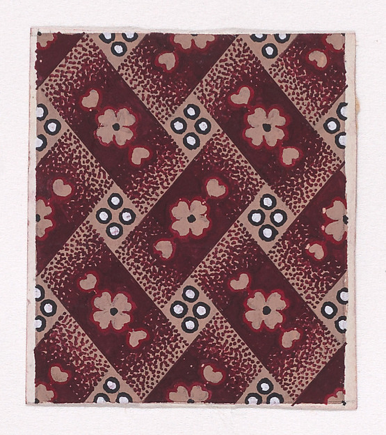 Textile Design with Basketweave Pattern Background, Small Rosettes Flanked by Two Leaves and Pearls