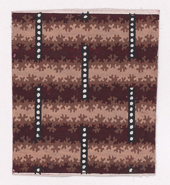 Textile Design with a Background of Stripes Framed by Garlands of Branches and Alternating Vertical Strings of Pearls