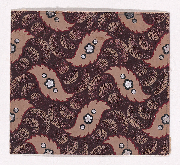Textile Design with Alternating Rows of Stylized Leaves Decorated with Rosettes and Pearls Over a Pattern of Overlapping Scales