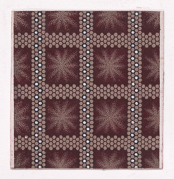 Textile Design with a Checked Pattern of Intersecting Honeycomb Lines and Vertical Stripes of Pearls