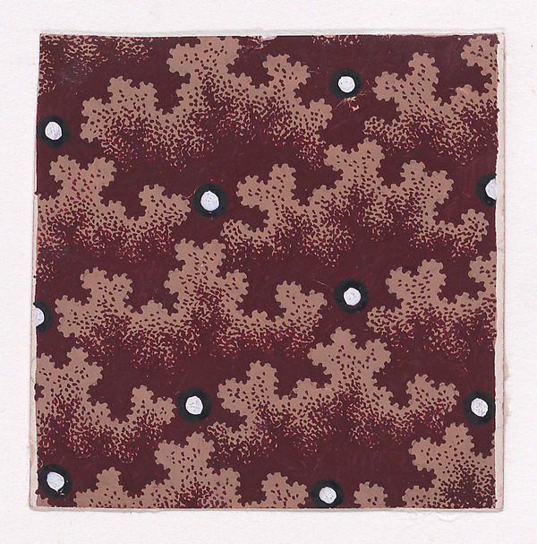 Textile Design with Alternating Vertical and Horizontal Rows of Pearls Over a Background of Alternating Horizontal Garlands of Abstract Bushes