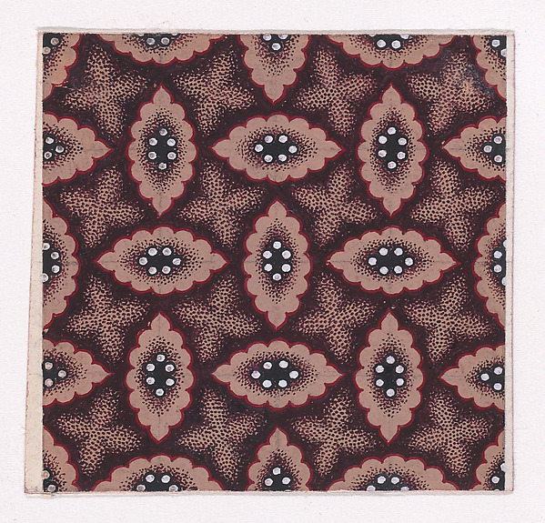 Textile Design with Alternating Strips of Groups of Three Pearls Framed by Undulating Stippled Garlands