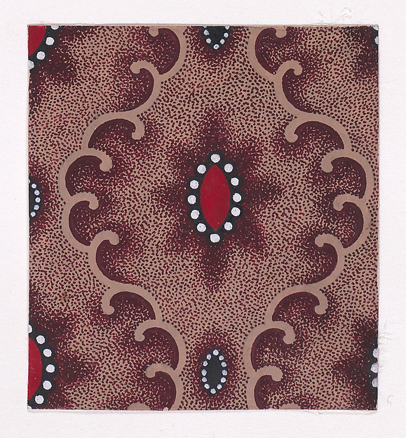 Textile Design with Vertical Rows of Alternating Lenses of Two Different Sizes Bordered by Pearls Separated by Vertical Scrolls of Ribbons Over a Stippled Background