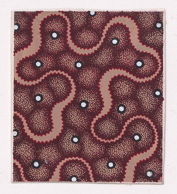 Textile Design with a Ribbon Forming a Vermicular Pattern and Splattered Pearls over an Abstract Honeycomb Pattern