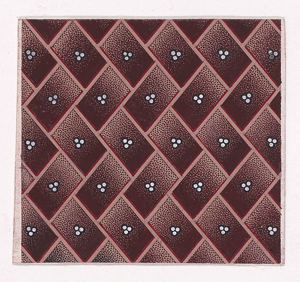 Textile Design with a Tiled Background of Alternating Rectangular Shapes Framed by Ribbons Decorated with Trefoils of Pearls