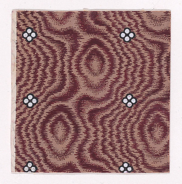 Textile Design with Vertical Strips of Quatrefoils of Pearls Over an Abstract Background that Simulates Tie-Dye