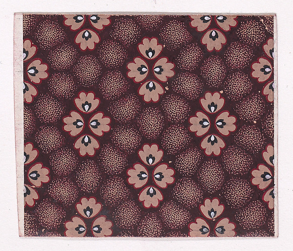 Textile Design with Rosettes with Pearls as Pistils Grouped Together to Form Stylized Flowers over an Abstract Honeycomb Pattern in the Background