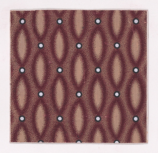 Textile Design with Alternating Vertical Rows of Pearls and Lens Shapes over a Stippled Background