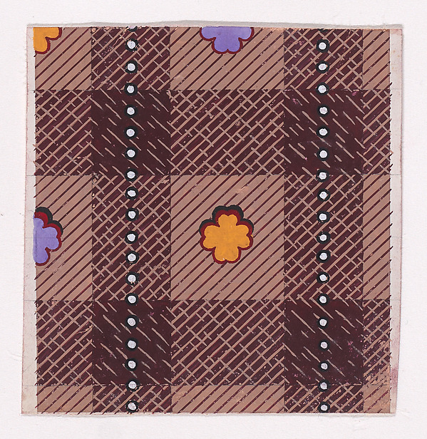 Textile Design with a Tartan Pattern Decorated with Stylized Clovers and Vertical Strips of Pearls