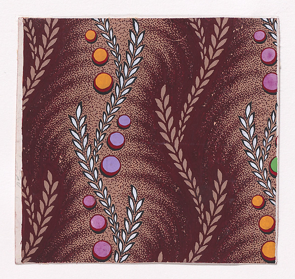 Textile Design with Alternating Vertical Stripes of Undulating Wheat Ears and Undulating Wheat Ears with Circles