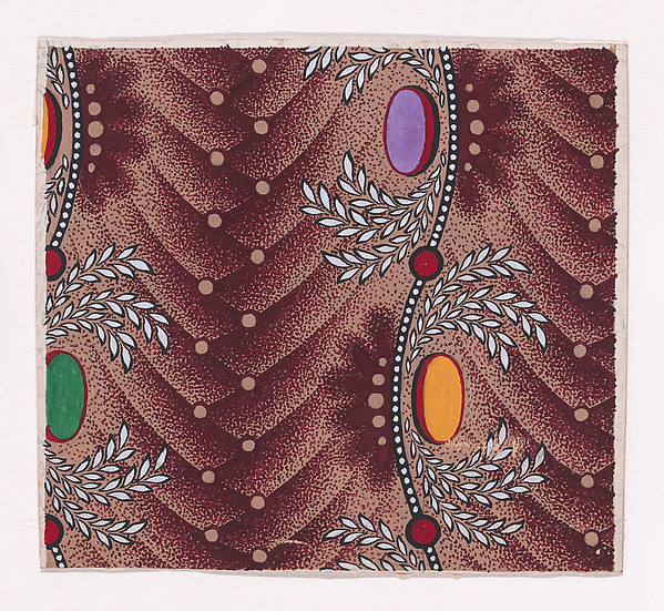 Textile Design with Alternating Vertical Stripes of Zig-Zagging Pearls Over Overlapping Scales and Ovals Framed By Crowns of Laurel Leaves Placed Alternately Along an Undulating Line Adorned with Pearls and Circles