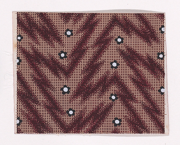 Textile Design with Rosettes and Pearls over a Checked Background with Zig-Zagging Lines