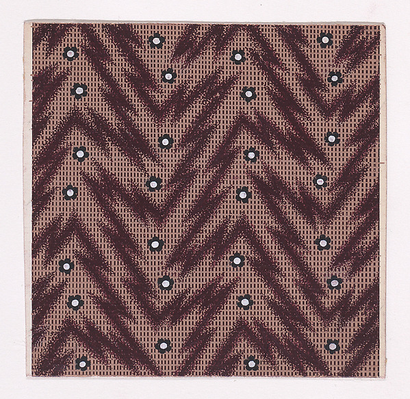 Textile Design with Rosettes and Pearls over a Checked Background with Zig-Zagging Lines