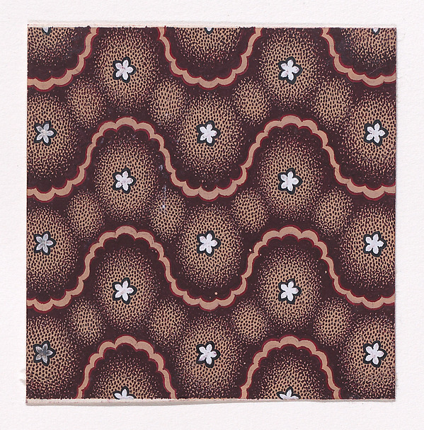 Textile Design with Undulating Horizontal Strips of Rosettes Framed by Undulating Horizontal Ribbon Strips