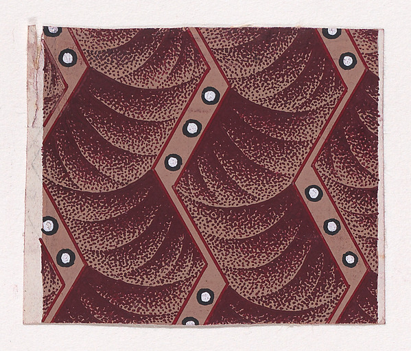 Textile Design with Vertical Strips of Zig-Zagging Ribbons Decorated with Pearls over a Background of Overlapping Scales
