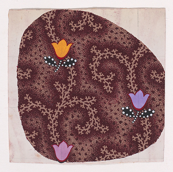 Textile Design with Vertical Scrolling Garlands of Branches with Stylized Tulips and Pearls