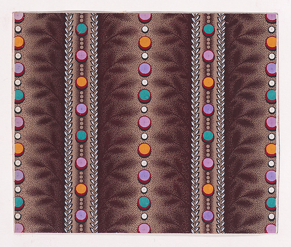 Textile Design with Alternating Vertical Strips of Pearls and Stylized Leaves