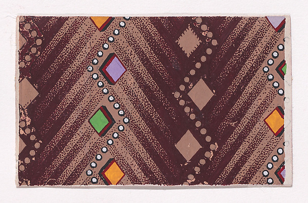 Textile Design with a Chevron Base Pattern and Vertical Strips of Lozenges and Pearls