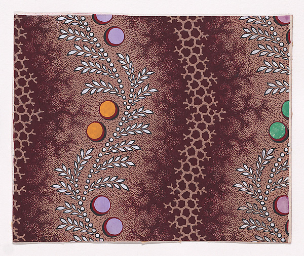 Textile Design with Alternating Vertical Strips of Undulating Honeycomb Pattern with Branch Offsets and Undulating Garlands of Pearls with Alternating Offsetting Wheat Ears and Pairs of Circles