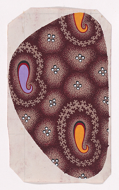 Textile Design with Paisley-Inspired Teardrops Framed by Garlands of Branches over an Abstract Honeycomb Pattern Decorated with Pearls